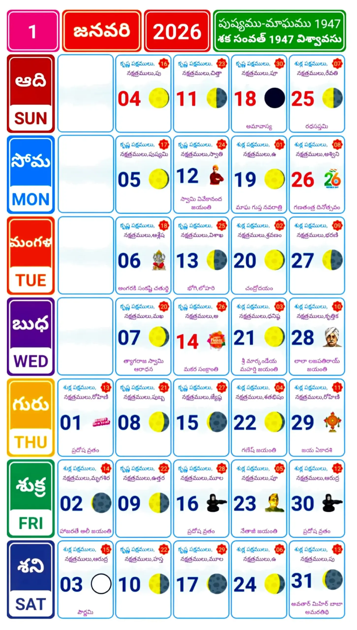 January 2026 Telugu Calendar