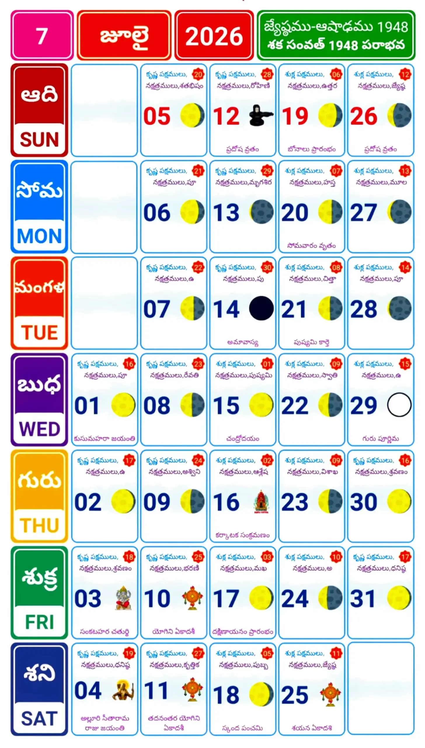 July 2026 Telugu Calendar