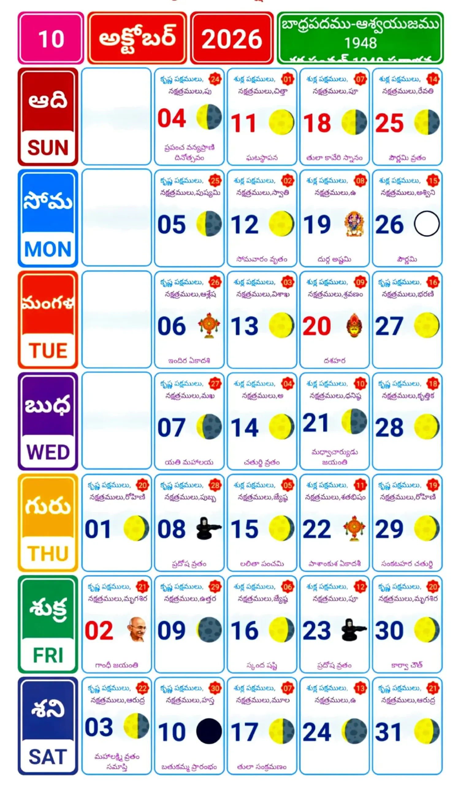 October 2026 Telugu Calendar